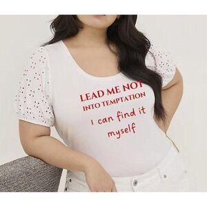 Plus Size White Tee: Eyelet Lace Sleeve, Graphic Slogan, 6X